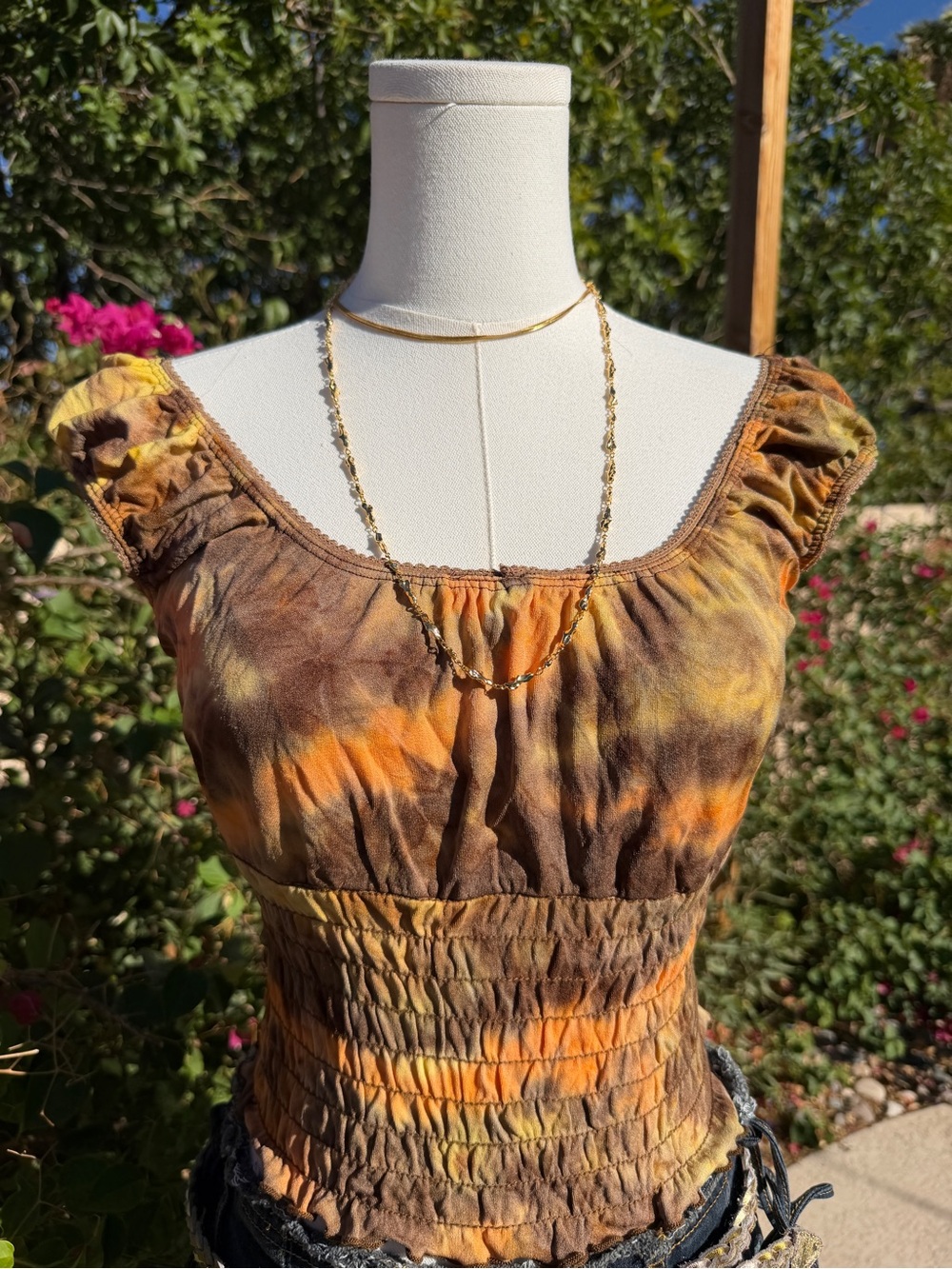 Vintage Y2K Tie-Dye Smocked Crop Top in Orange and Brown